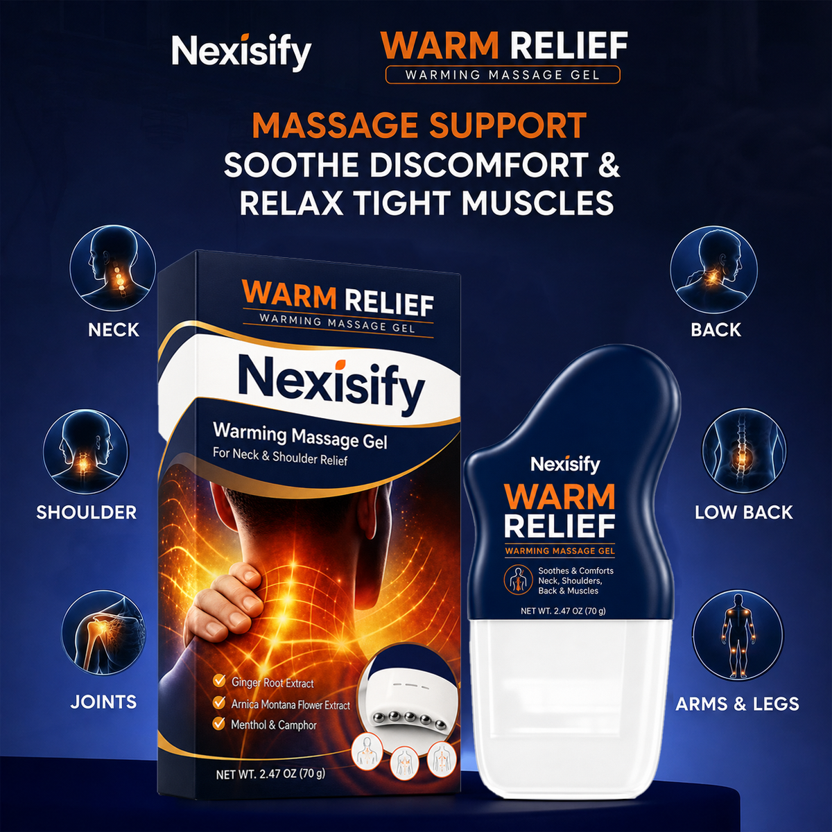Nexisify® WARM RELIEF 3-in-1 Warming Massage Gel + 360° Roller
