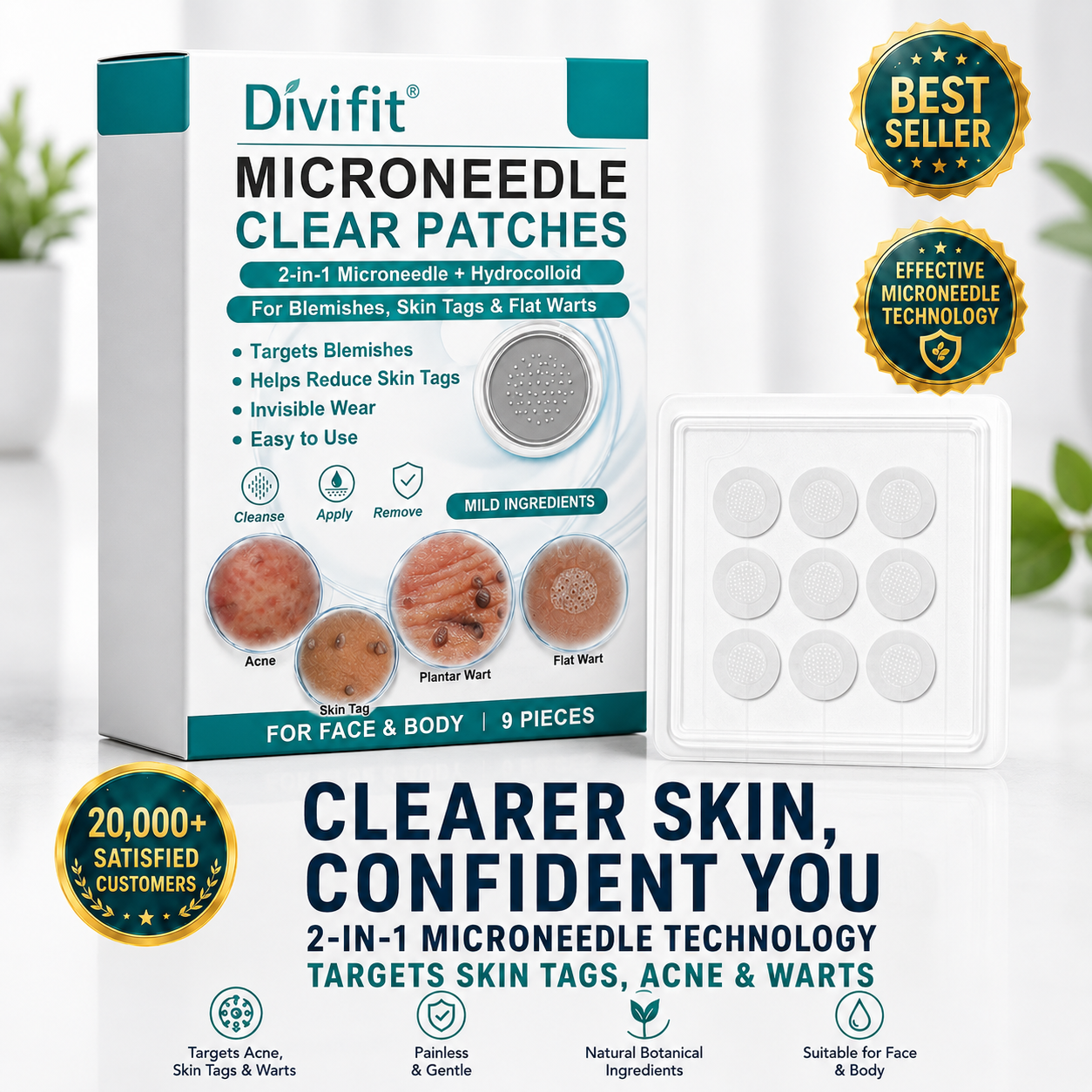 ✨Divifit®2-in-1 Microneedle & Hydrocolloid Patch🍀| Removes Raised Moles, Acne, Flat Warts & Skin Tags | Helps Improve Wrinkles, Scars & Blemishes | Invisible Patches for Face & Body